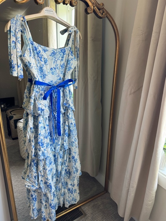 TCEC Dresses & Skirts - TCEC Blue and White Floral Tie-Strap Maxi Dress with Satin Ribbon